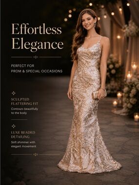 Champagne Gold Sequin Mermaid Gown ✨ Sculpted Glam | Elegant Train